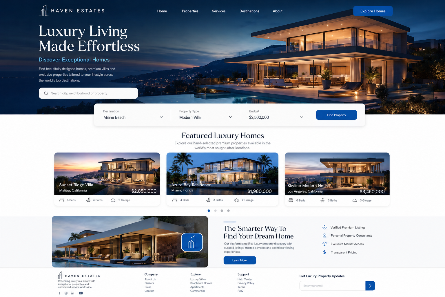 Haven Estates real estate website mockup